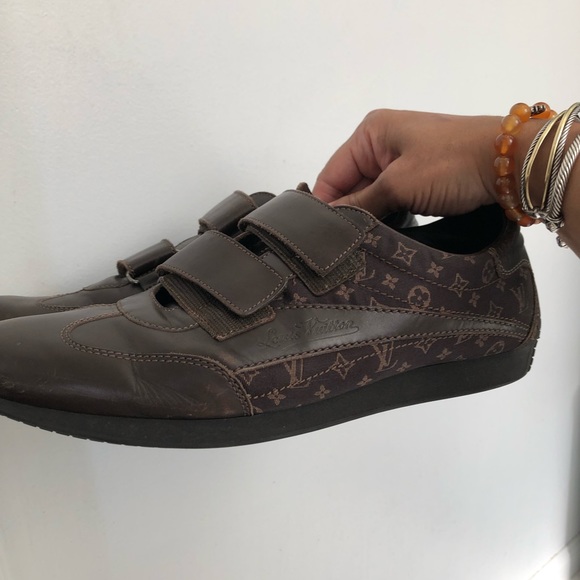 Louis Vuitton Brown Leather and Canvas Logo Velcro Sneakers Sz. 9.5 - Picture 7 of 9